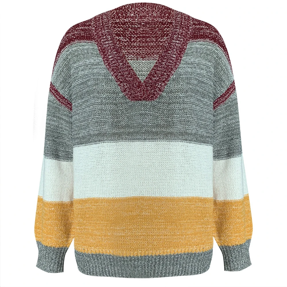 

Diiwii Women'S Knitted Sweater Sexy Hollow Out V-Neck Tops Fashion Striped Patchwork Three-Quarter Sleeve Pullover Long Sleeve