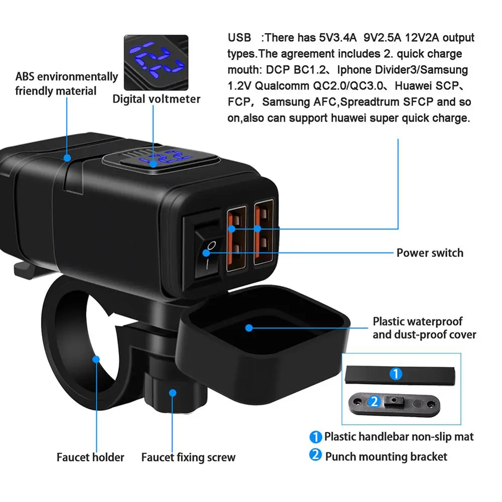 Motorcycle Quick Charger 12V SAE to USB Adapter with Voltmeter On Off Switch | Автомобили и мотоциклы