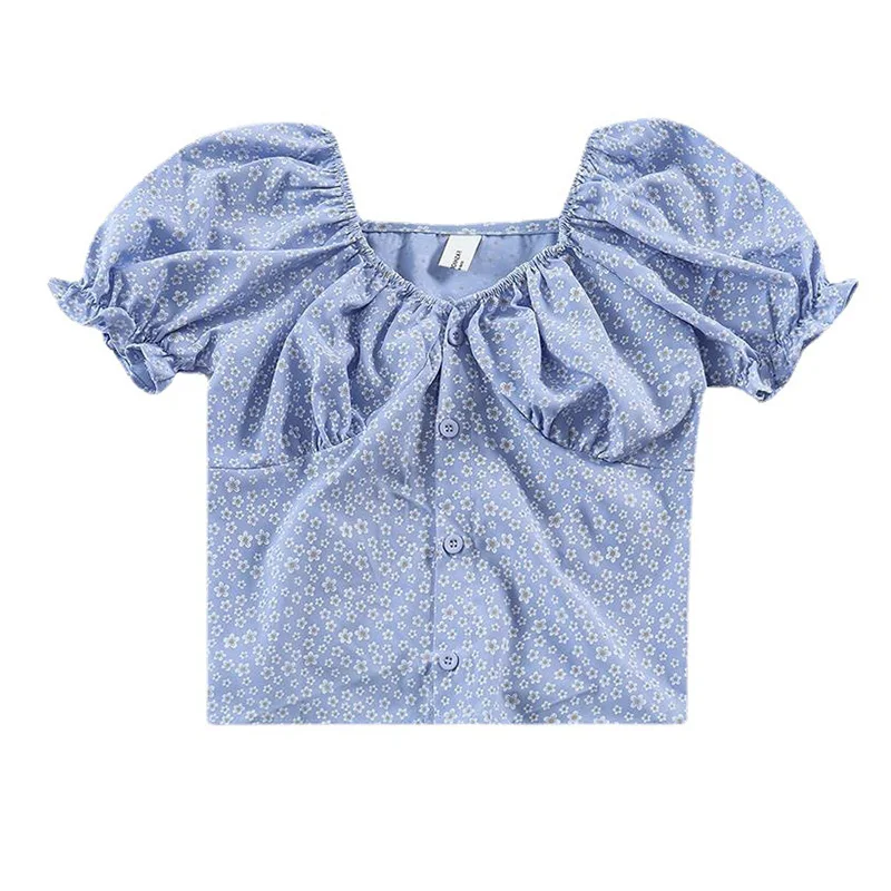 

Summer Tees Top Women Clothes Casual Button Design T-shirts Mujer Cropped Tops Square Collar Short Sleeves Blouse Polyester