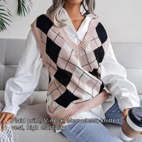 womens sweater vest plaid high elasticity women loose sleeveless v neck knitted vest streetwear for daily wear simple sweaters