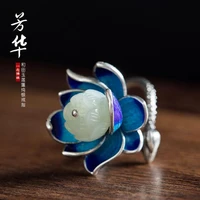 new blue lotus s925 sterling silver cloisonne craft ornament inlaid hetian jade lotus seedpod ring ornament for women