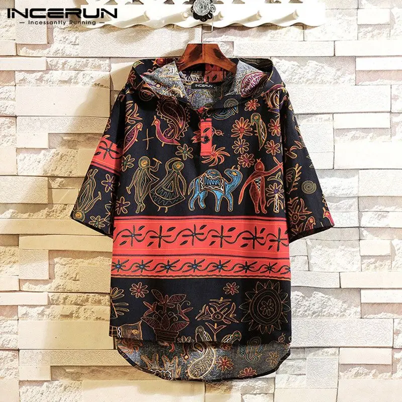 Men Hooded Half Sleeve Shirt Vintage Printed Shirts Casual Loose Buttons Pullovers Man Cotton Thin Sweatshirt Camisa Plus Size 7 | Мужская