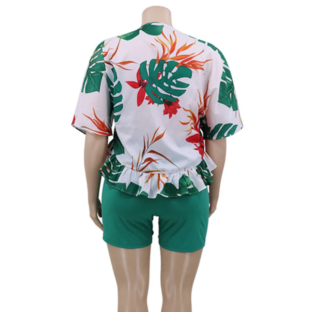 

Women Plus Size Shorts Suit Summer New Short Sleeve Print Irregular Ruffle Hem Crop Tops And Slim Shorts Lady 2021 Casual Suits