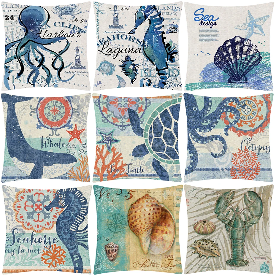 Ретро Винтажные наволочки морская Морская жизнь ручная роспись лошадь черепаха