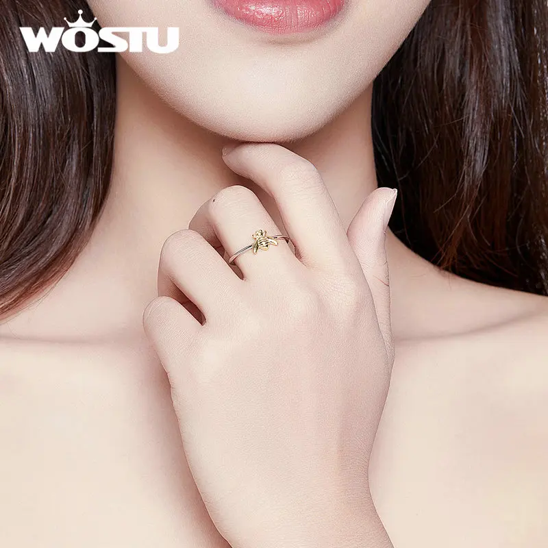WOSTU 100% Real 925 Sterling Silver Lovely Bees Ring For Women Gold Color Wedding Rings Engagement Lover Fine Jewelry DXR595 | Украшения и