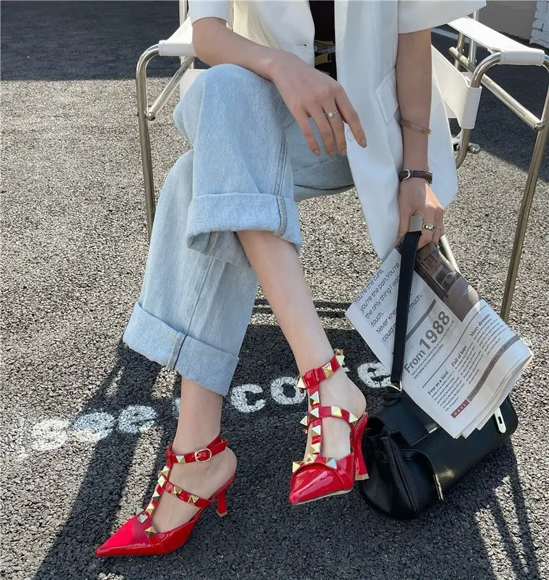 

Rivets Pumps Woman Shoes Summer High Heel All-match Comfort Women Sandals Thin Heel Lady Wedding Shoes Pointed Toe Shoes women