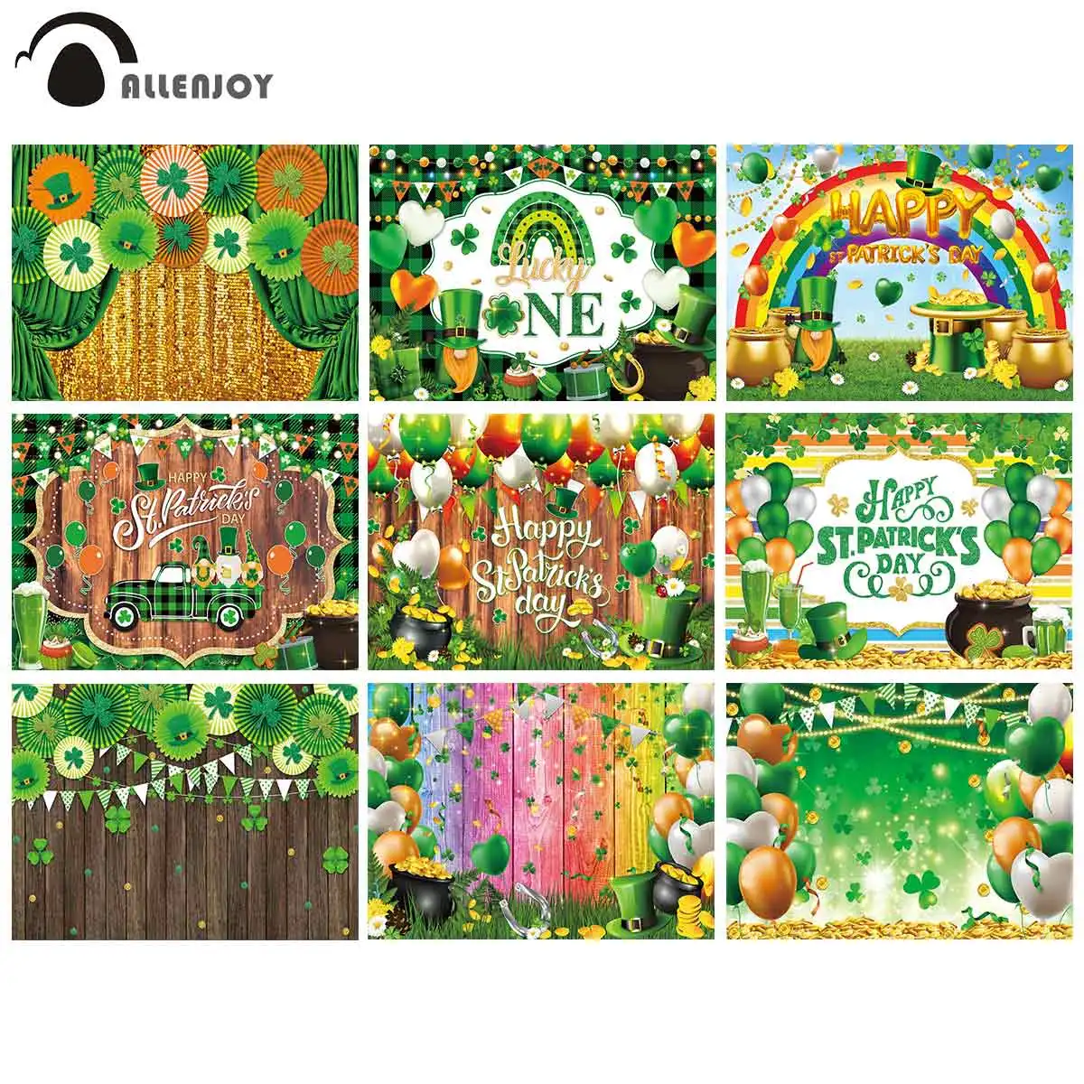 

Allenjoy St Patrick's Day Party Background Lucky Shamrock Clover Spring Rainbow Wood Baby Shower Hat Gold Photobooth Backdrop