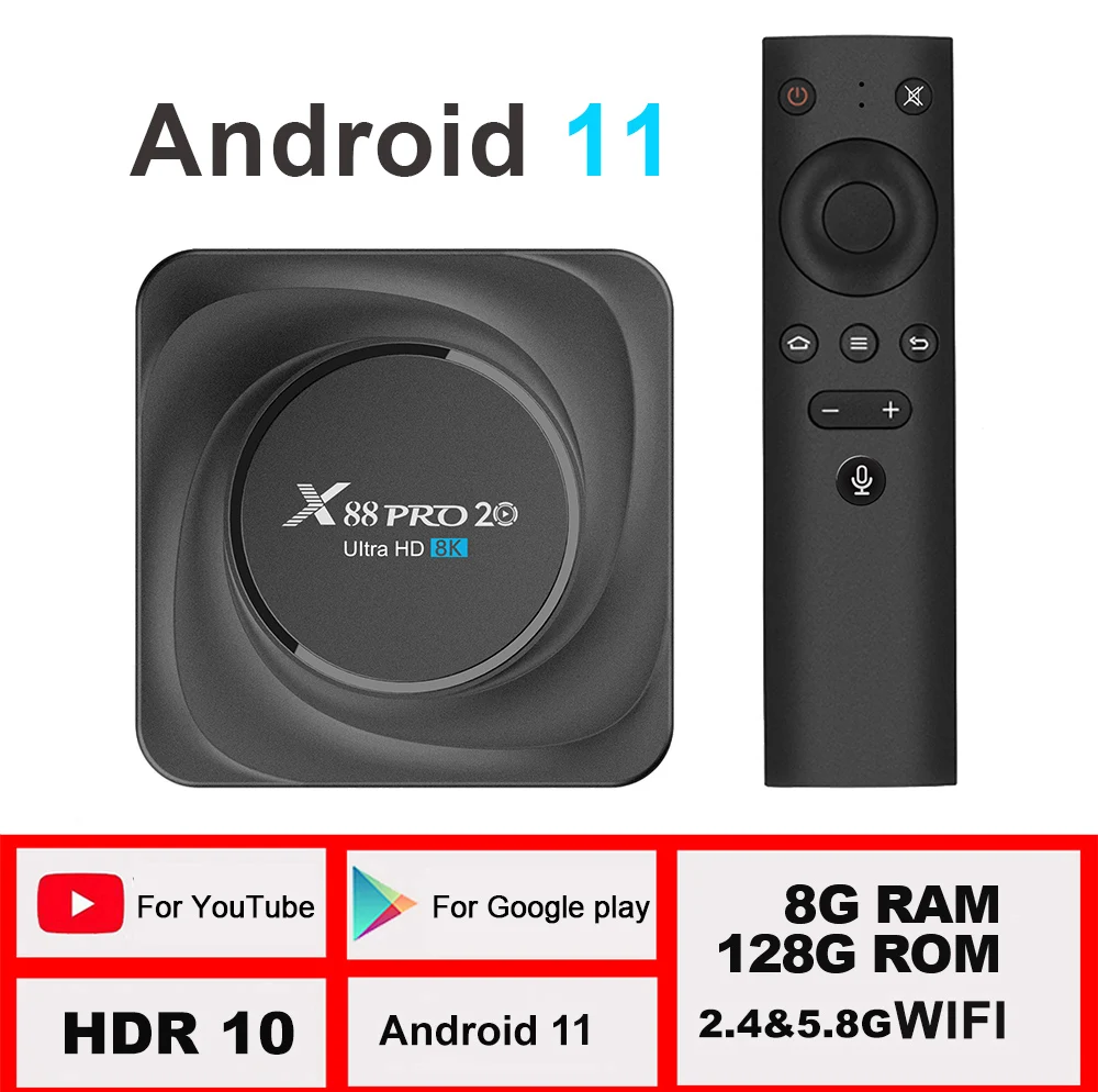 

ТВ-приставка X88 Pro 20, 8 + 64/128 ГБ, Android 11, 2,4/5,8 ГГц, Wi-Fi, BT 4,2