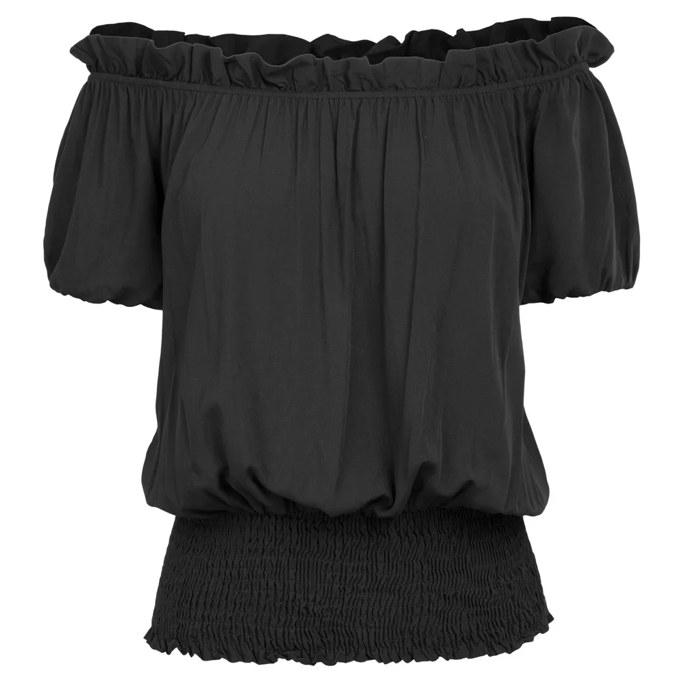 

KK женский топ с открытыми плечами и вырезом лодочкой Boho, свободный облегающий топ с коротким рукавом и рюшами на резинке