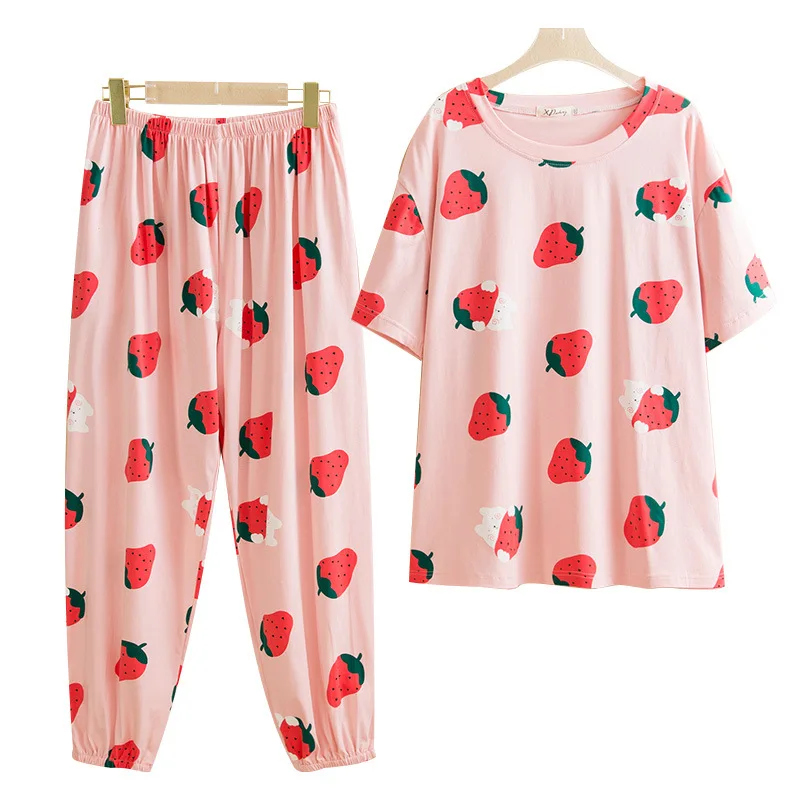 

Summer Autumn Women Sleepwear Cotton Pajamas Set Short Sleeve Large Size T-shirt Trousers 2 Pcs Sets Lady Pyjamas Home Service