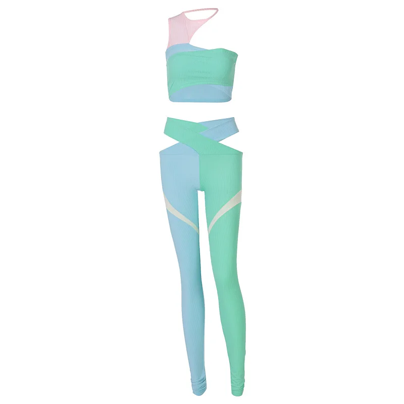 

Women's two-piece suit 2021 summer new one-shoulder hanging neck sexy contrast color stitching fashion casual suit women