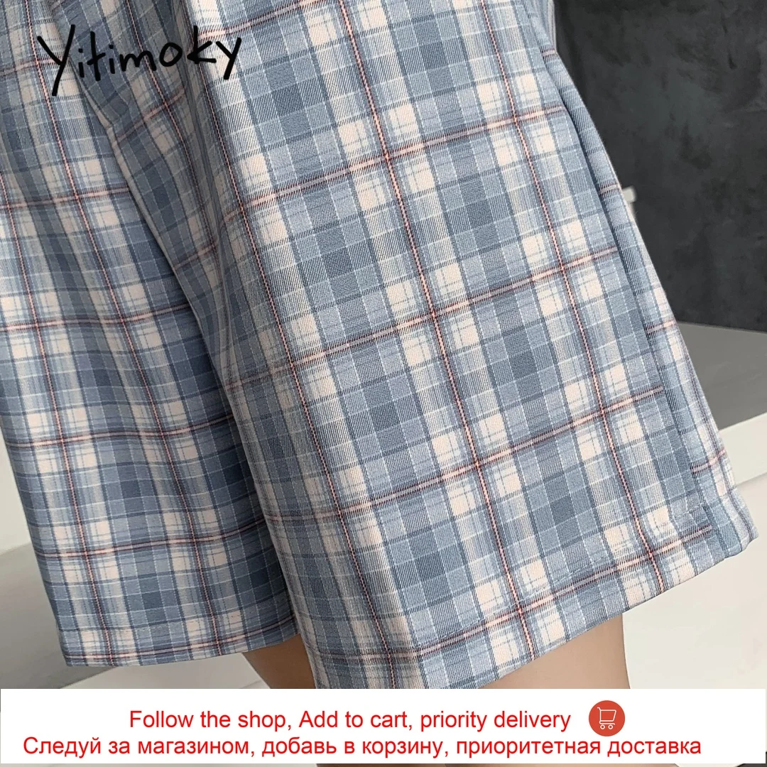 

Bermuda Shorts Women Vintage Plaid High Waisted Shorts Woman Summer Blue Purple Short Shorts Back Elastic Waist Checkerboard