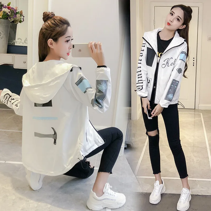 

Women's Short Jackets Spring Autumn Thin Windbreaker Femal Casual Hooded Coat Loose Printed Outwear Yellow color hot coats