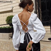 backless blouses women long sleeve female blusas lace up white blouses 2021 aw off lady