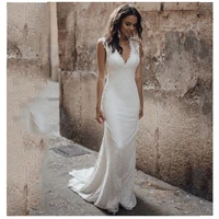 vintage v neck slim mermaid full lace wedding dresses sexy open back natural spring bridal gowns beach soft 2020 sleeveless