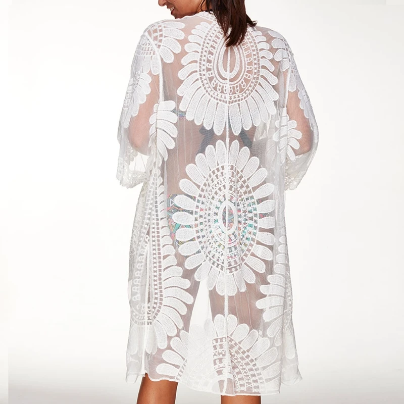 

Pregnant woman Beach Cover Up Floral Embroidery Bikini Swimwear Women Robe Cardigan BathingSuit