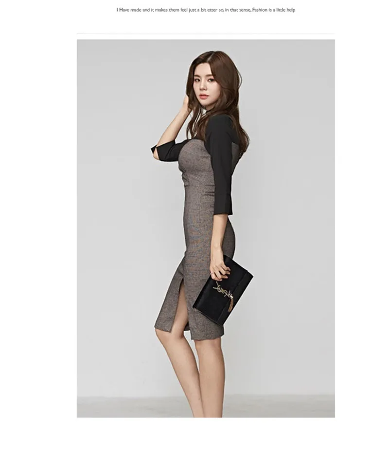 BGTEEVER Slim Waist V-neck Women Dress Full Sleeve Bodycon Patchwork Side-split Female Dress Fashion Midi Vestidos Femme