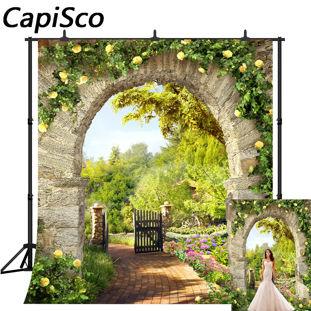 Фон для фотосъемки с изображением весенних цветов сада каменной арки тропы фон