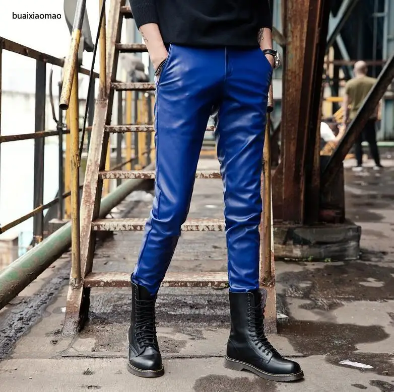 

Korean Leather Pants Mens Feet Pants Fashion Autumn Winter Motorcycle Pu Trousers For Men Personality Pantalon Homme Blue