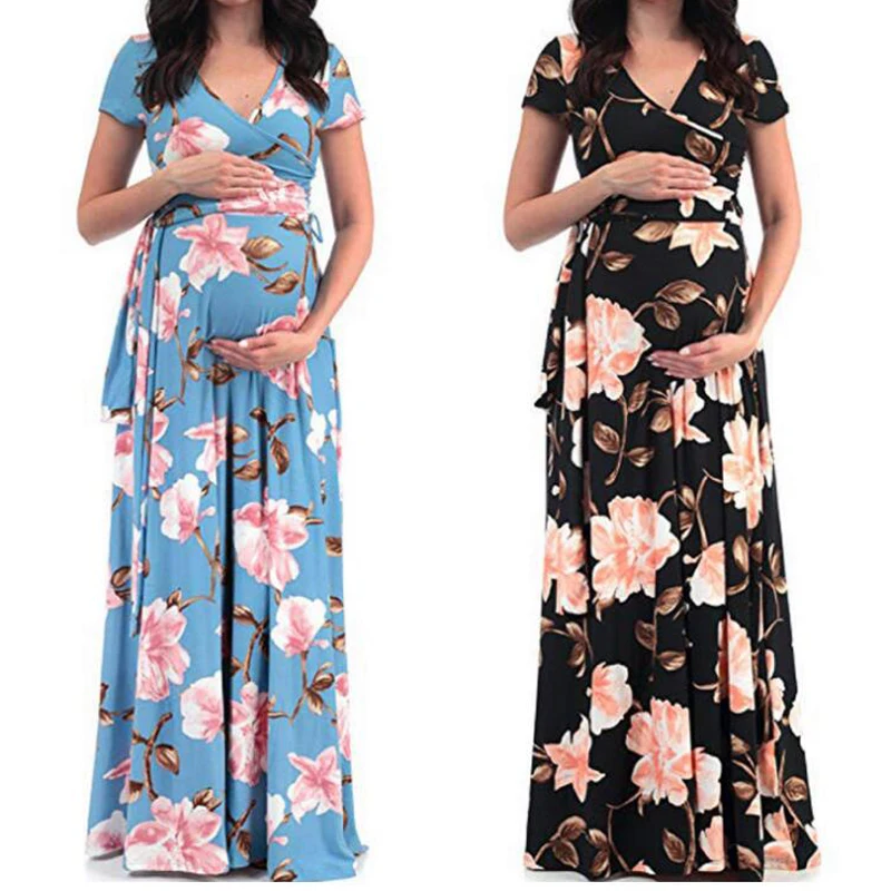 

Maternity Dresses For Photo Shoot V-neck Short Sleeve Belt Print Elegant Pregnant Woman Dress Maxi Maternity Gown Women Clothes