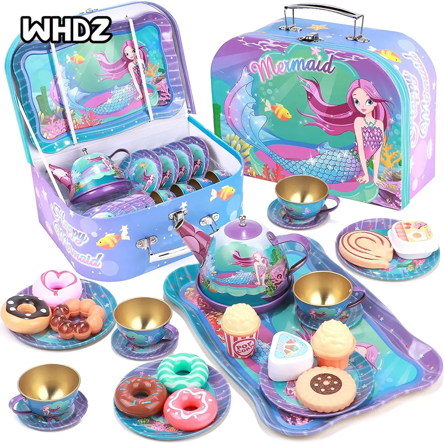 Kids Tea Party Set for Little Girls Mermaid Gift Pretend Toy Tin Tea Set,Princess Tea Time Kitchen Pretend Play Tea Set Toys
