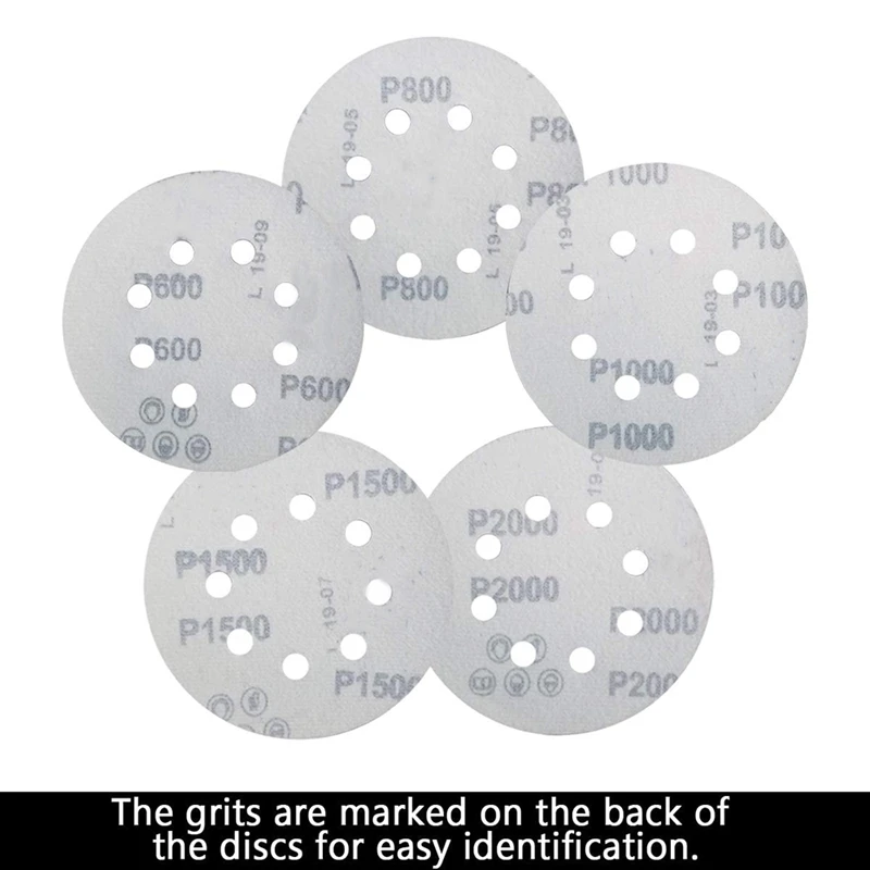 

100 PCS 5 Inch 8 Holes Hook and Loop Sanding Disc Sandpaper, 20 Pcs Each of 600 800 1000 1500 2000 Grits Sand Paper for Ran T