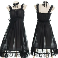 sexy women suspender dress homewear black ruffle sleepwear vintage gothic girls chiffon nightdress pajamas with bell choker