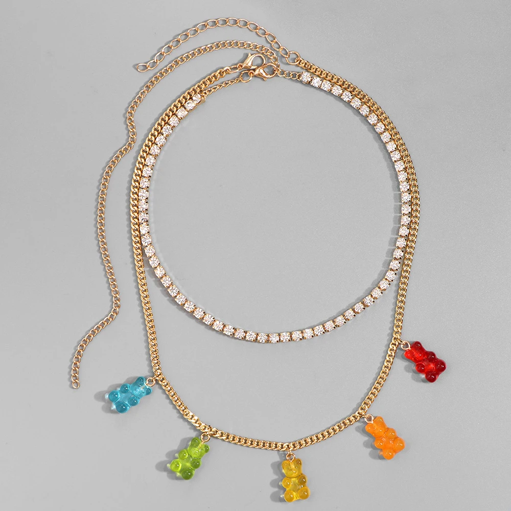 

Candy Gummy Mini Bear Necklace For Women Party Gift Shiny Rhinestone Choker Layered Clavicle Chain Girls Cool Punk Femme Jewelry
