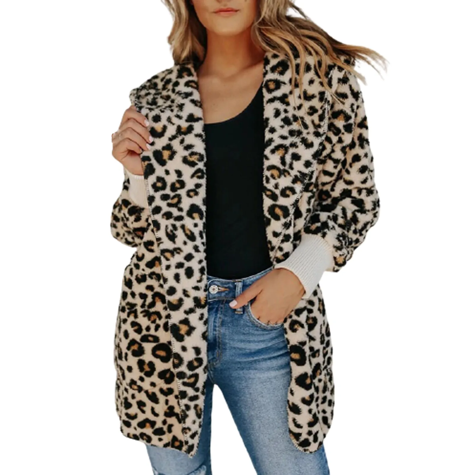 

Women Leopard Faux Fur Pocket Fuzzy Warm Winter Oversized Outwear Long Fashion Coats Female Casual Long Sleeve Pullover Tops