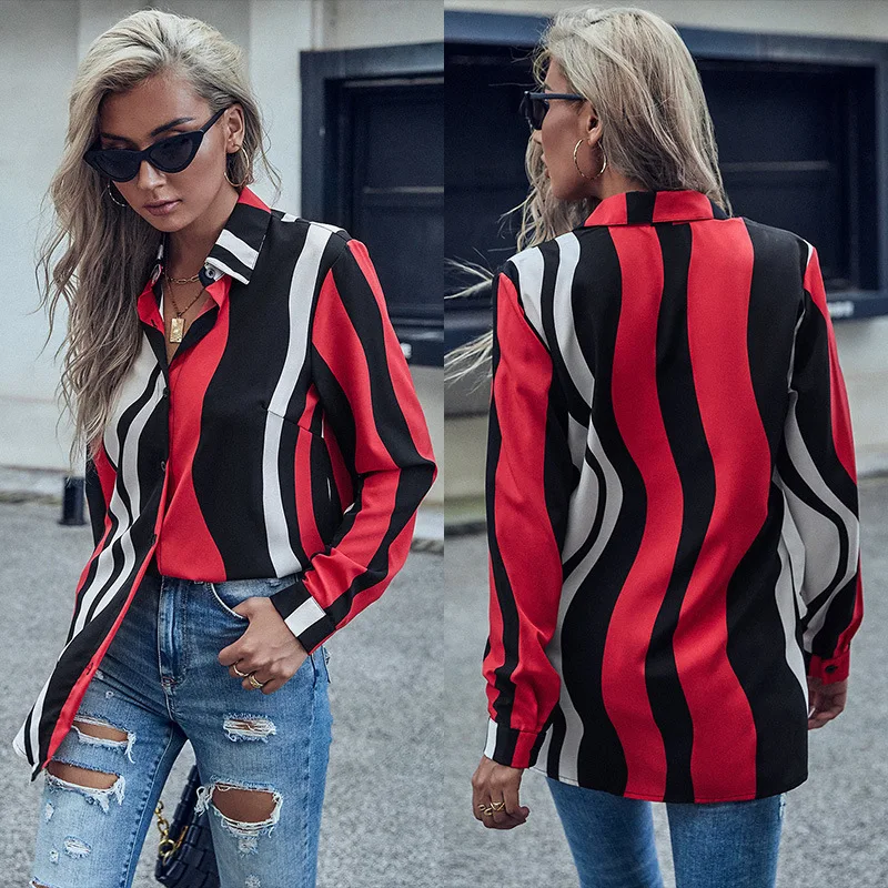 Red Striped Women Blouses Loose Oversized Long Sleeve Harajuku OL Shirts Female Tops 2021 Fashion Chic Blusas Mujer Outwear fashion casual oversized women blouses 2020 autumn chiffon long sleeve loose tops shirts blusas mujer