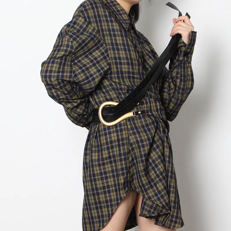 

Mozision Patchwork Plaid Shirt Dress For Women Lapel Single Breasted Loose Dresses Ladies 2021 Spring New Casual Loose Dress