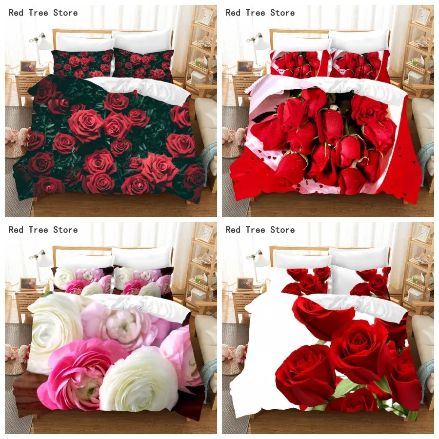 Роскошный комплект постельного белья розового красного цветов романтичные