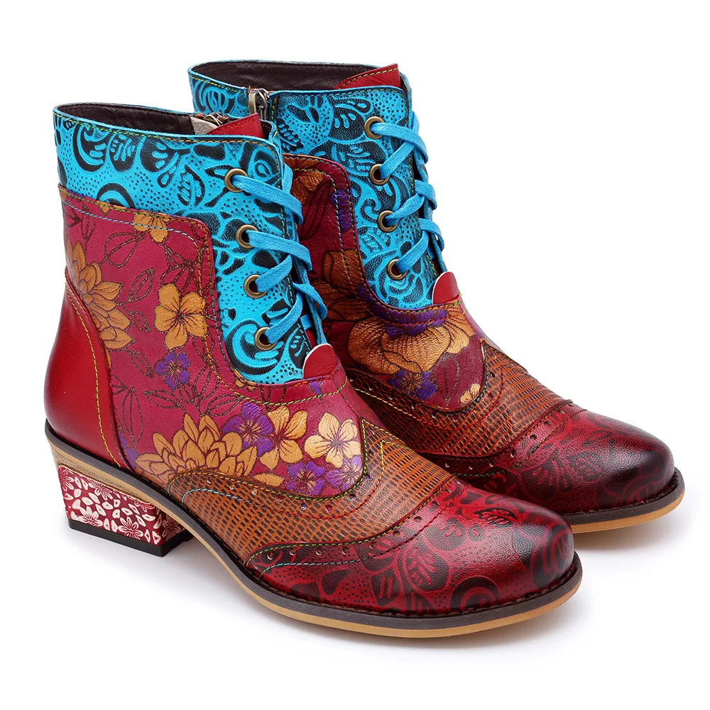 

Vintage women's boots ethnic leather printed cowboy boots Halloween cosplay Christmas shoes