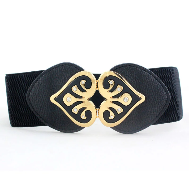 

New Design Women Wide Elastic Cummerbund Belt Ladies Double Heart-shaped Rhinestone Buckle Waist Belts Fashion Girdle Waistband