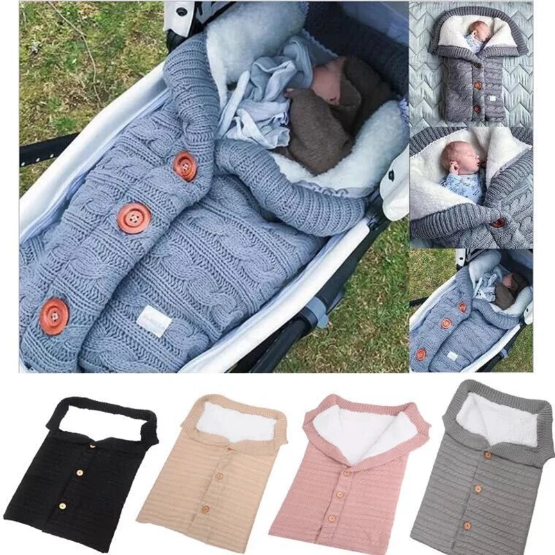 

Newborn Baby Winter Sleeping Bag Infant Sleepsack Footmuff For Stroller Knitted Sleep Sack Button Knit Swaddle Wrap Swaddling