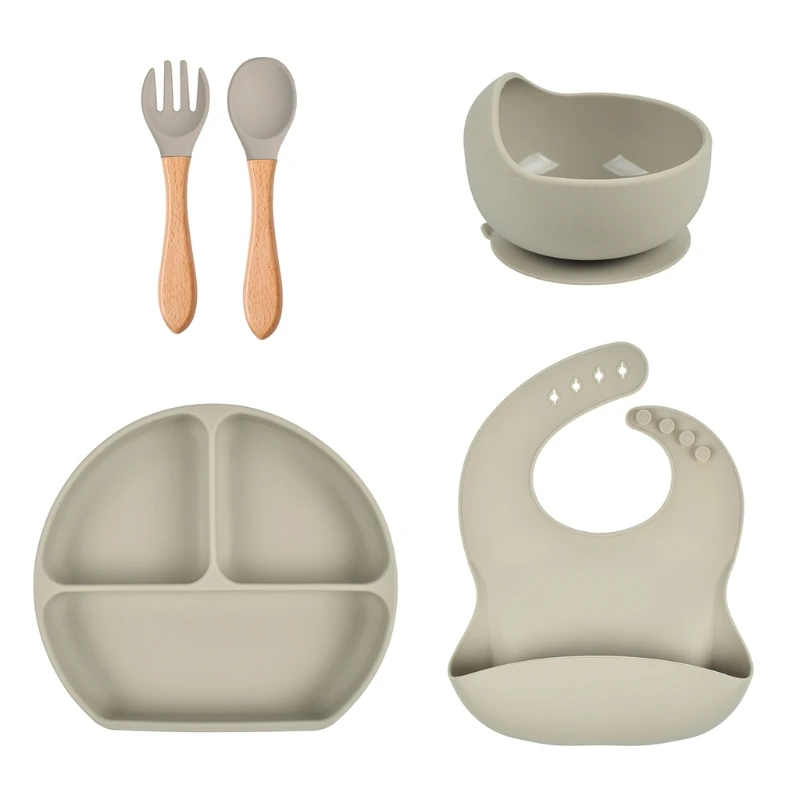 

5 Pcs Baby Silicone Bibs Divided Dinner Plate Sucker Bowl Spoon Fork Tableware