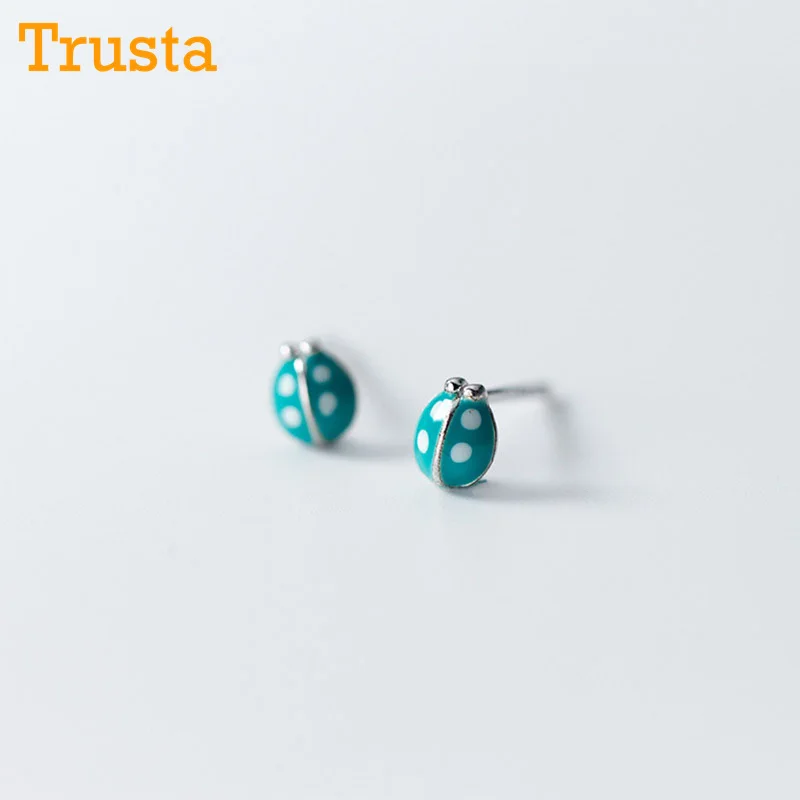 Trusta 925 пробы серебряные серьги модные милые миниатюрные 4 мм X 5 мм зеленые серьги-гвоздики в виде божьей коровки подарок для девочек