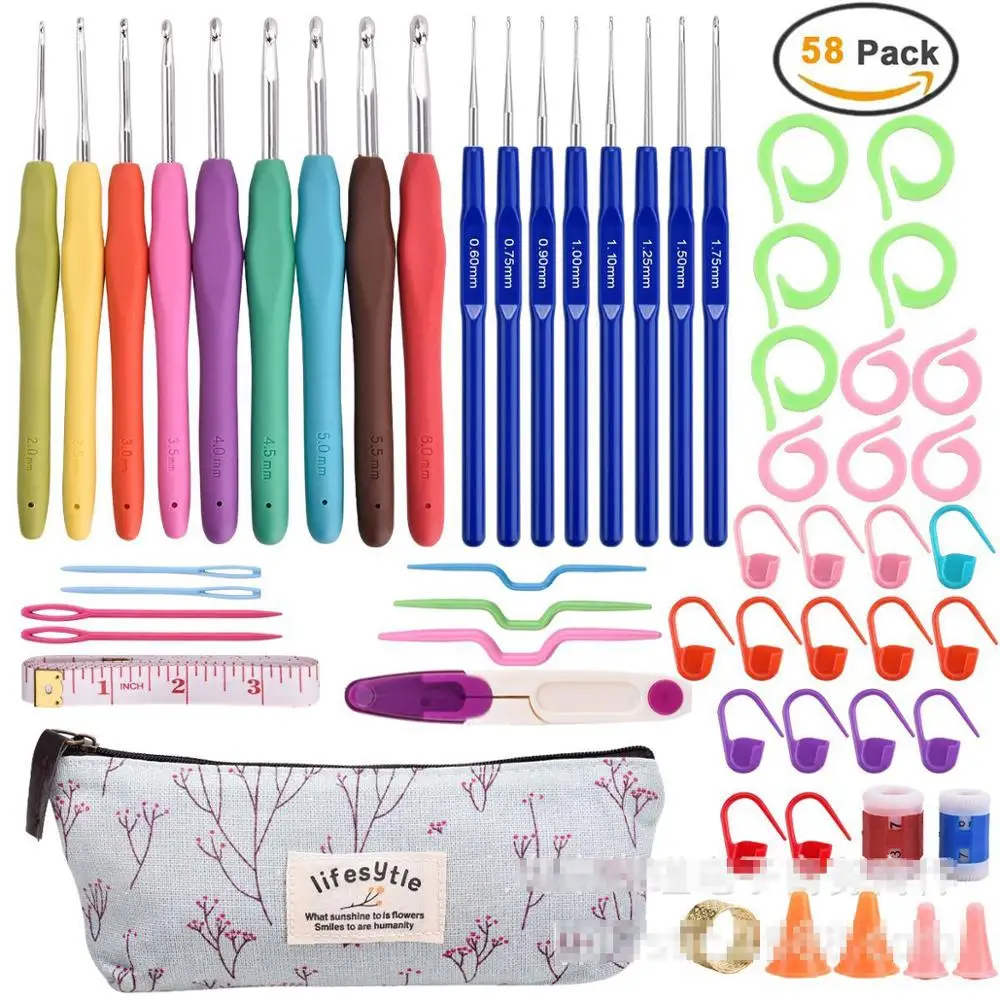 

1 Set 58 Pieces Crochet Hook set Needles Stitches Knitting Craft Case Croche agulha set Weaving Tools Sewing Tools with Bag
