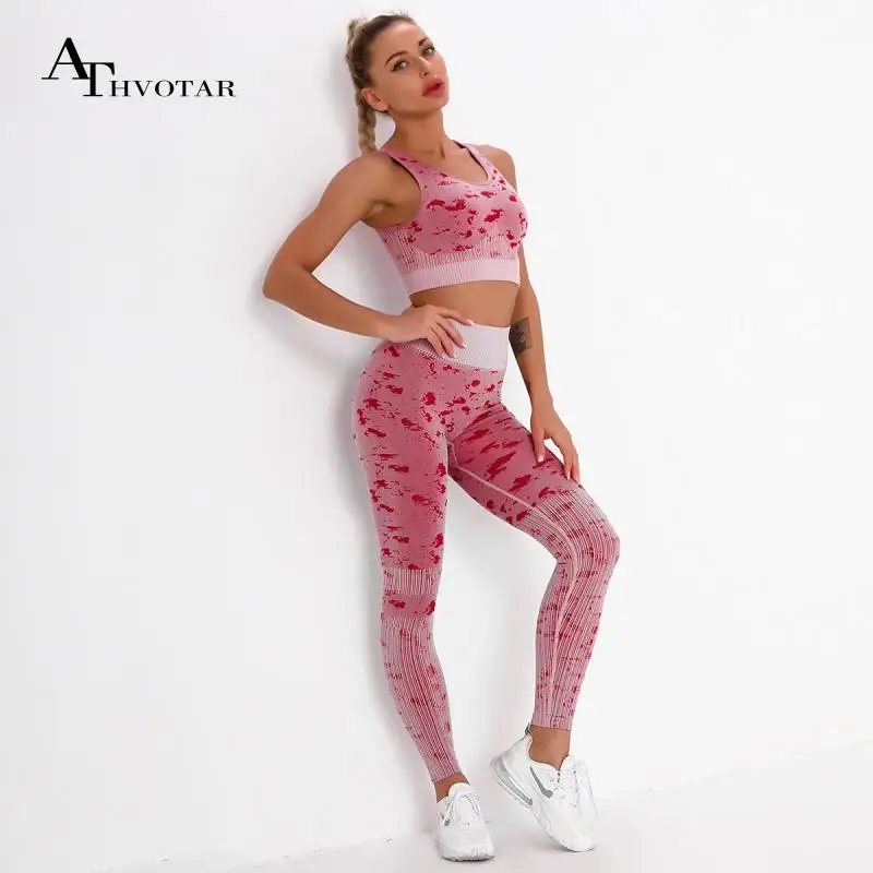 

ATHVOTAR Printed Women Sets Hollow Out Workout Outdoors Set Woman 2 Pieces Sweat-Absorbent Camo Femme Suit for Fitness