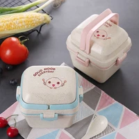 3 layers wheat straw lunch box portable cute small and simple student portable cartoon japanese instant noodle bowl lunch box