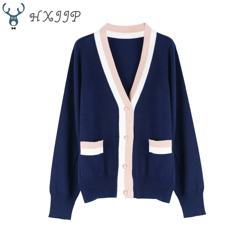 

HXJJP 2020 Spring Autumn Women's Knitted Cardigan Contrast Stripes Single Breasted Short Sweater Jacket Female
