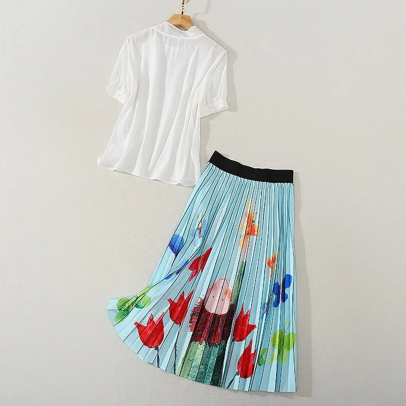 

New Korean Fashion Clothing Women Bow Tie Elegant White Tops Blouse+Cute Face Print Mid-Calf Length Blue Pleated Skirt Sets