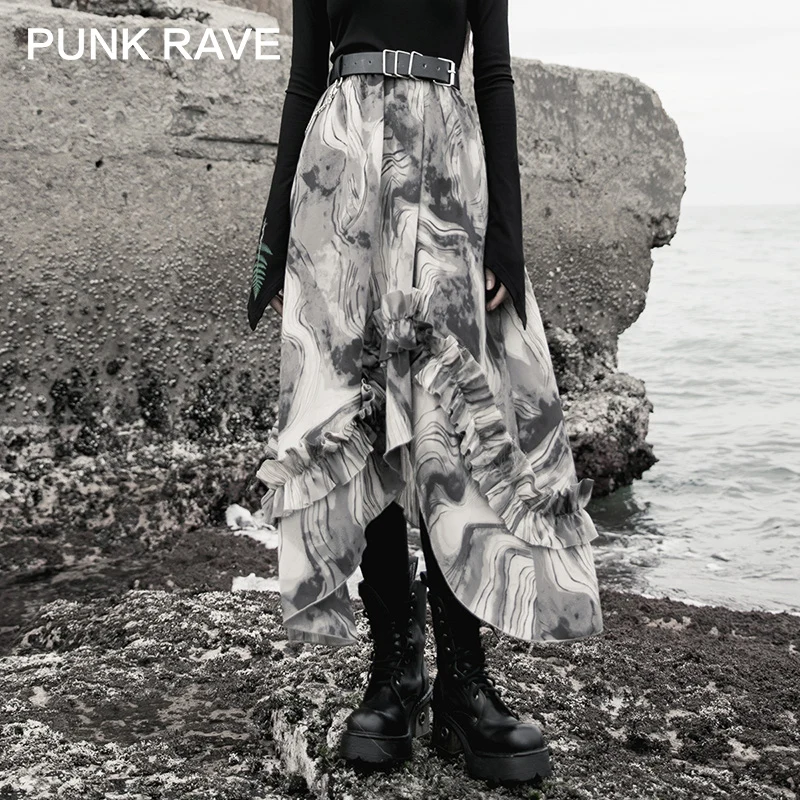 

PUNK RAVE Girl's Punk Half-length Skirt Autumn Thin Long Section Irregular All-match Personality Gray Chiffon Drape Skirt Women