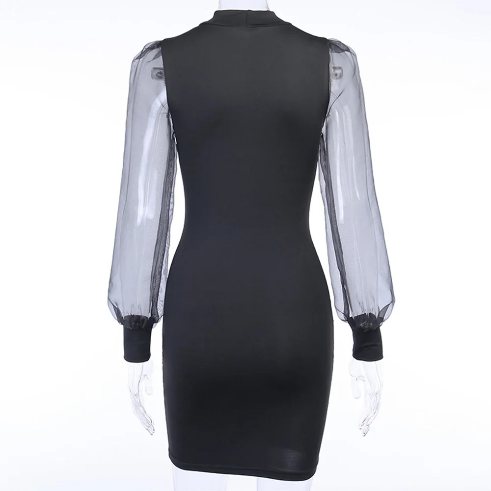 Сексуальное Сетчатое платье-фонарик с длинным рукавом облегающее платье женское
