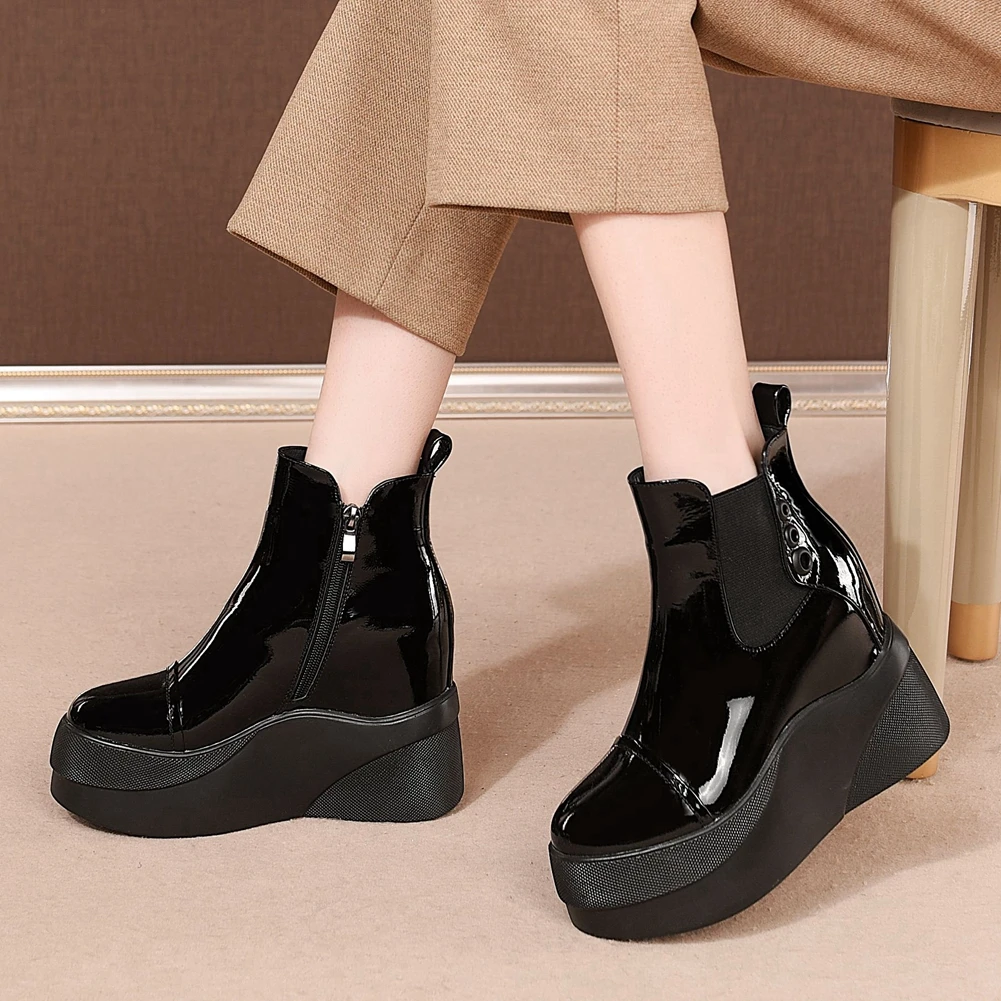 

BONJOMARISA Genuine Leather Female Round Toe Ankle Boots Wedges Zipper Brand Autumn Boots Women Wedges Fashion Shoes Woman