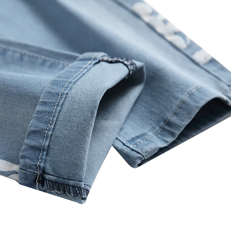 

Cross Border Men's Wear Pierced Stretch Printed Jeans Black Slim Fit Men's Express Denim Pants