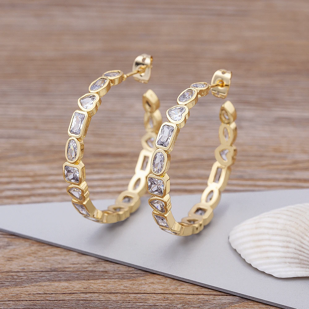 Nidin Top Quality Cubic Zirconia Hoop Earrings Fashion Gold Color Big Circle Ear Jewelry Fine Birthday Gifts  Accessories