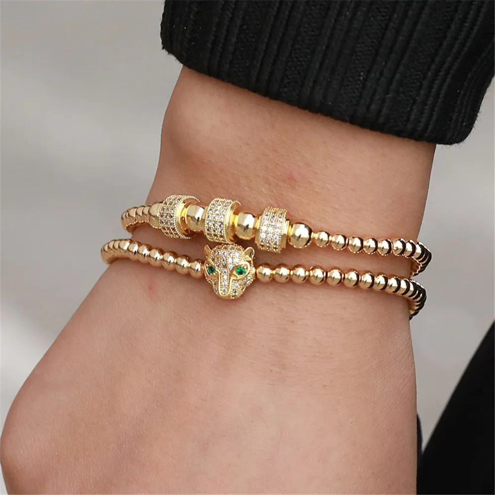 

Fashion Retro Copper Bead Braided Micro-inlaid Zircon Leopard Head Wheel Two-piece Bracelet