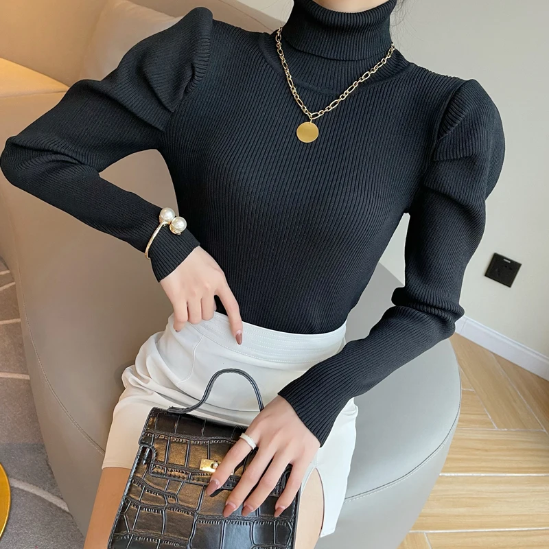 

Net red puff sleeve knit Sweater Women New high neck pullover solid color sweater ladies Spring and Autumn slim knit sweater Top