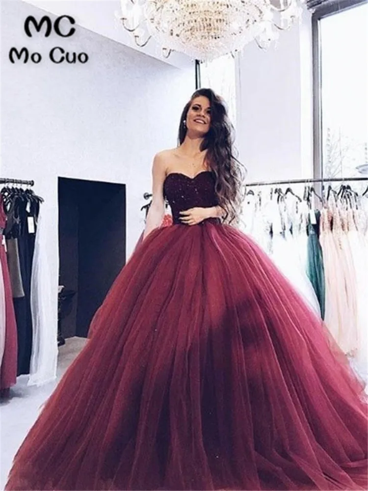 

Puffy Ball Gown Burgundy Evening Dresses Beaded Sweetheart Sleeveless Women's Evening Dress Tulle Prom Dress Custom Made